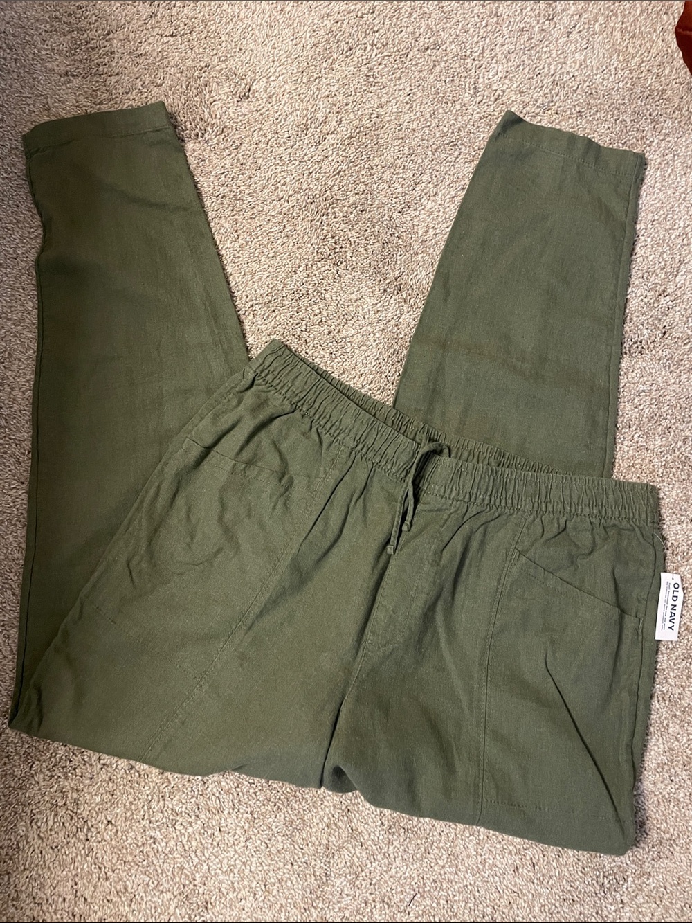 Olive Green Women's Pull-On Linen Blend Pants